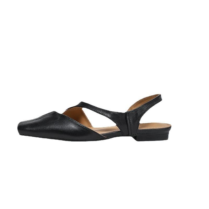 Sheepskin version~ Square head one-word with bag head sandals women's summer empty trip belt women's shoes flat-soled single shoes