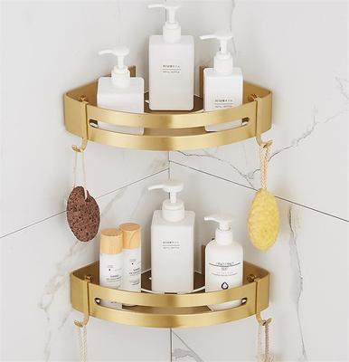 Eckregal Wandmontiertes Badezimmerregal aus gebürstetem Goldaluminium für Badewanne und Dusche, Badshampoohalter, Eckregal