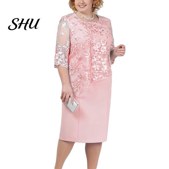 Abito con Maniche a Metà Donna Taglie Forti Ballo Scollo Tondo Manica a Metà Ricamo Pizzo Scollo Rotondo Patchwork Floreale Finto Due Pezzi Festa di Matrimonio Grande