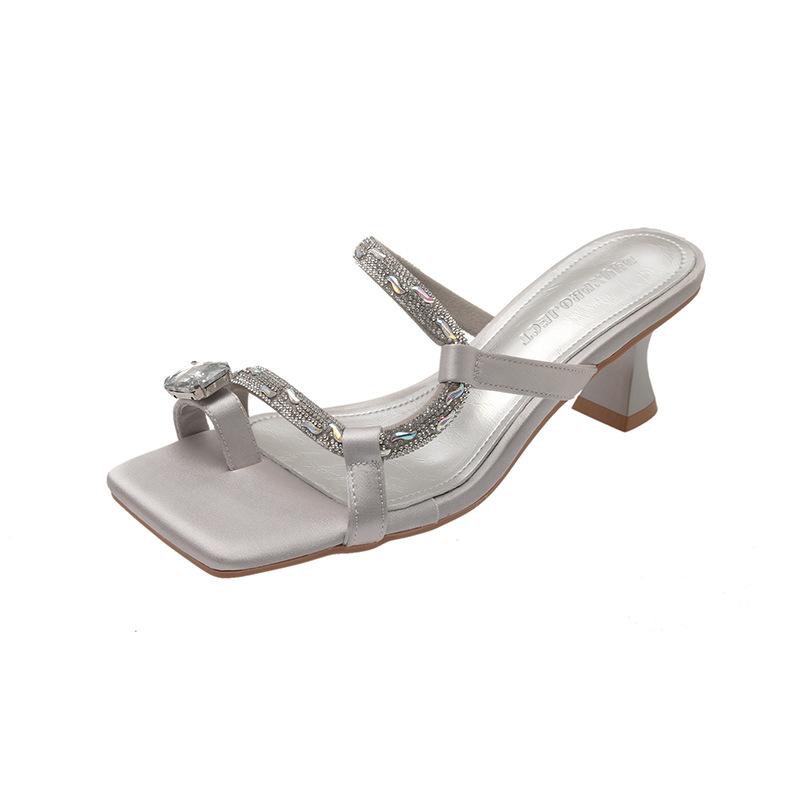 

French thick-heeled sandals female 2025 summer outer wear with skirt rhinestone fairy high heels cover toes beautiful cool slippers 35