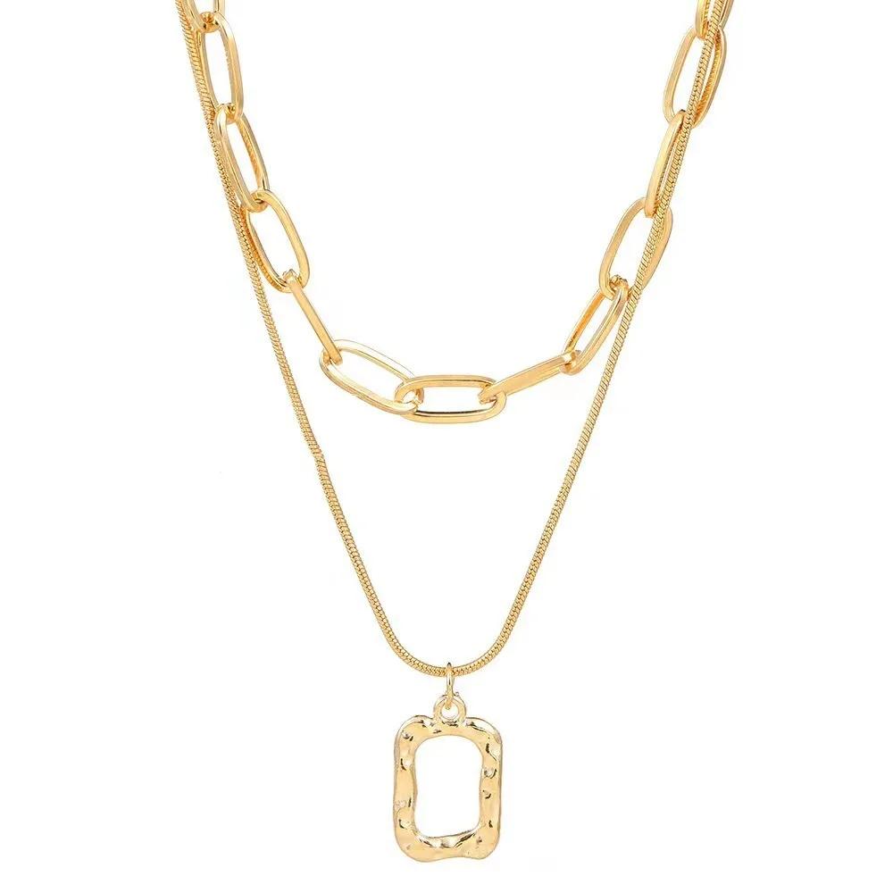 Women's Double-Layered Openwork Square Geometric Stacked Clavicle Chain Delicate Engagement Jewelry Gift