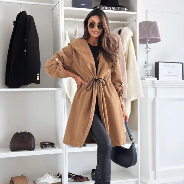2025 European & American Women's Fashion Lace-Up Hooded Lapel Long Sleeve Coat for Autumn & Winter