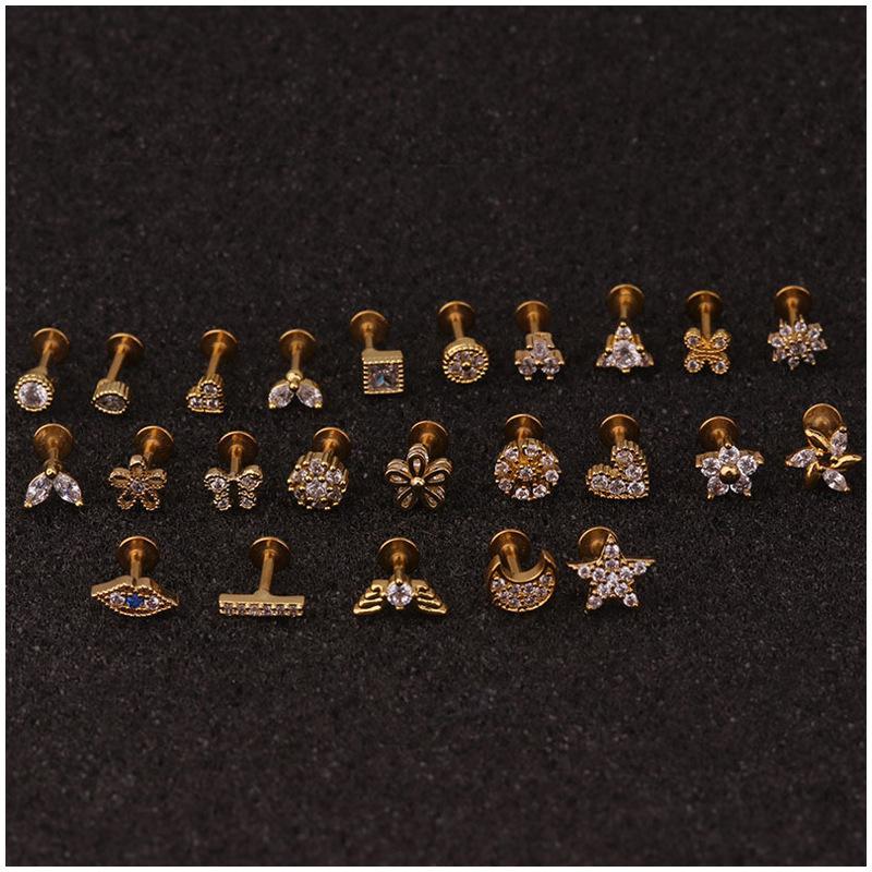 exquisite Flower Puncture Earring Screw lady's Butterfly gift Ear Bone Nail Twist Ball Ear Nail Stainless Steel  Jewelry