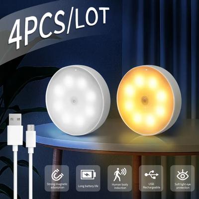 4pcs Rechargeable Motion Sensor LED Night Light Wall Decoration Bedroom Night Lamp Kitchen Cabinet Lights Child Nightlight