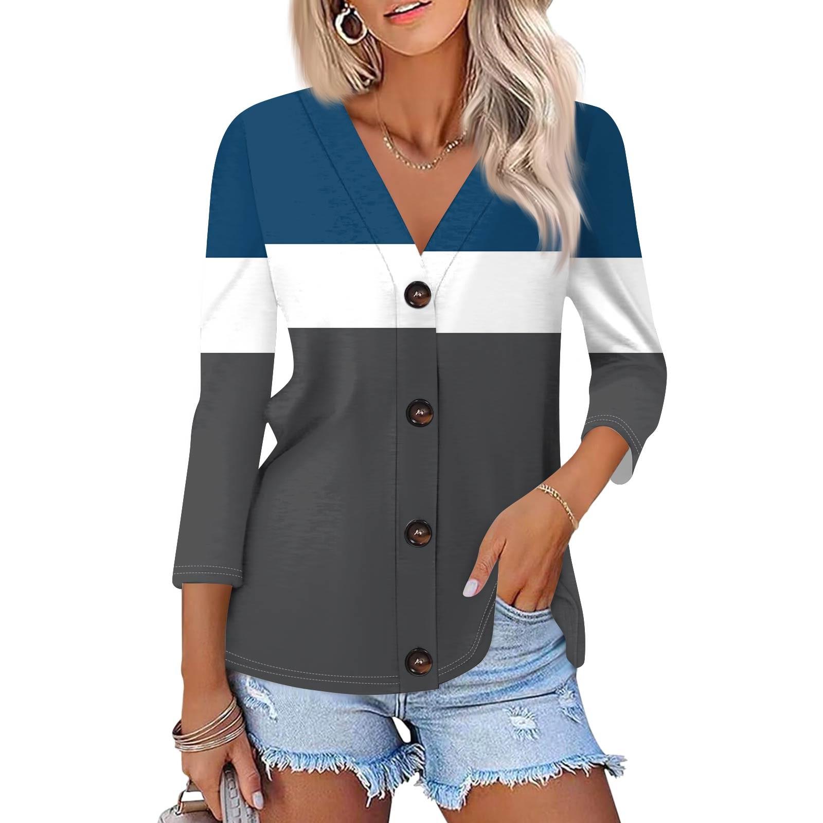 

Women s Fashion Casual Striped Geometric Print Button-Down Shirt Three-quarter Sleeve Cardigan Top M синій