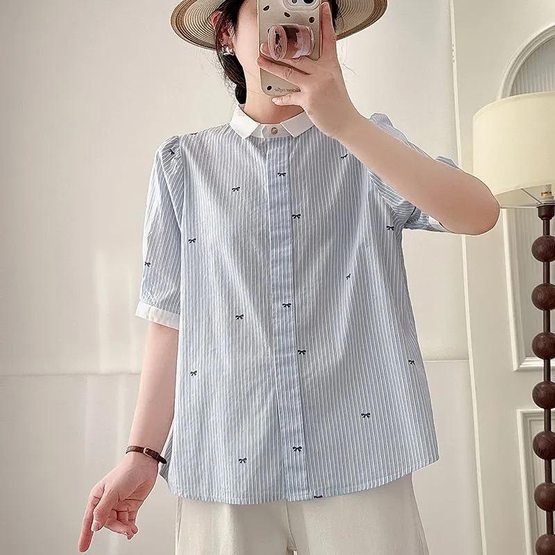 

Small Fresh Blue Pinstripe Student Age-reducing College Style Ladies Aesthetic Western Style Literary Short-sleeved Top Casual S синий