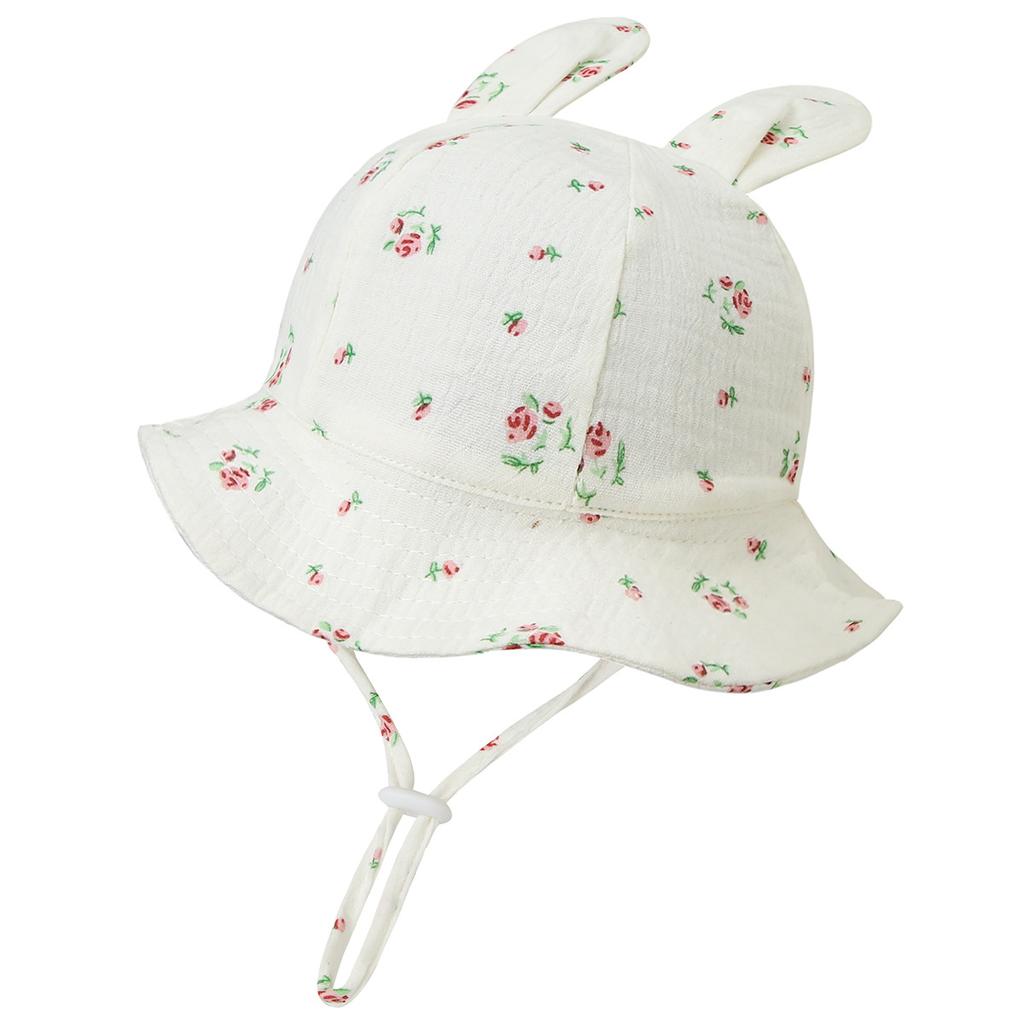 Baby Gauze Bonnet with Bunny Ears Pleated Print Fisherman Hat Sun Protection  Cute European Style Infant Cap for 3-12 Months