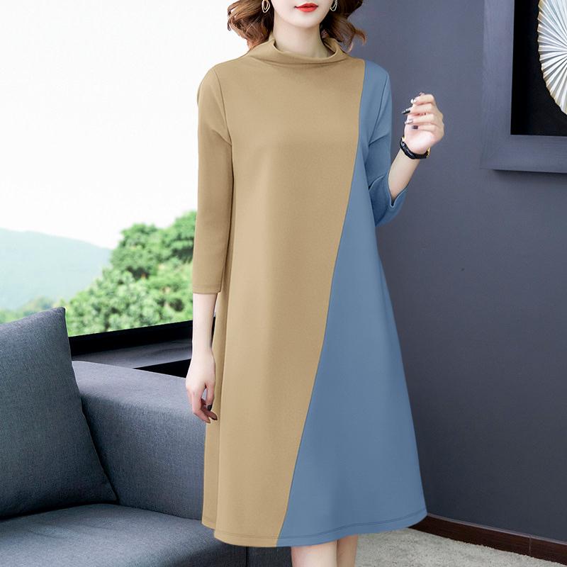 ZANZEA Women Casual Stand Collar 3/4 Sleeve Patchwork Dress S хаки