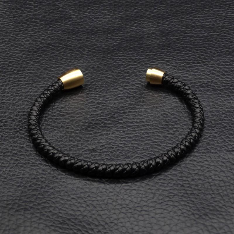 Titanium Steel Braided Leather Rope Bracelet Men Magnetic Clasp Minimalist Geometric Design Adjustable 21cm