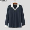 INCERUN Autumn Men Lace Lapel V Neck Long Sleeve Rib Stitching Casual Pullover Tops