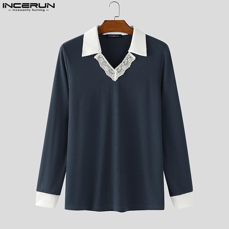 INCERUN Herbst Herren Spitze Revers V-Ausschnitt Langarm Rippstrick Casual Pullover Tops