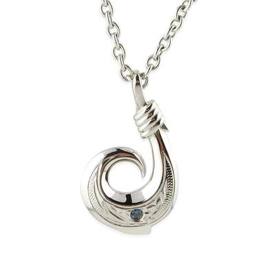 Hawaiian Jewelry Necklace Surgical Stainless Steel Heart Natural Sapphire Fish Hook Plumeria Scroll Azuki Chain Steel Width 45cm [Aloha Lokahi]