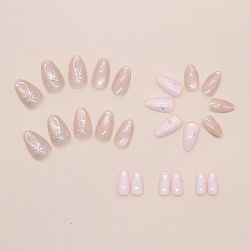 24pcs Wearable Bow Design Press on Nails Simple Pearl Starlight Short Almond False Nails Tips Finished Cat's Eye Fake Nail Sets