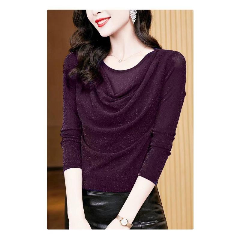Pile Collar Lace Bottoming Shirt for Women Long-sleeved Spring and Autumn Fashionable Mesh T-shirt Top
