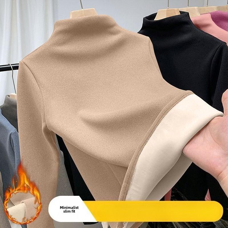 Women Thermal Underwear Winter Half High Collar Bottom Shirt Solid Semi High Collar Long Sleeve Basic T-Shirt Heating Pullovers