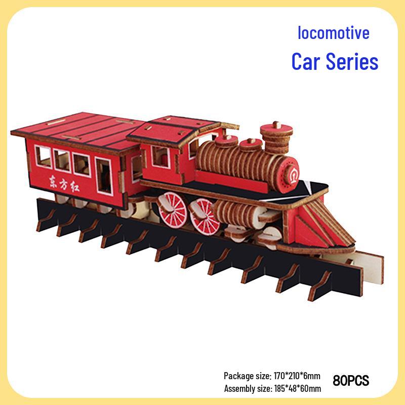 3D Wooden Steam Locomotive Puzzle Toy - DIY Handmade Model for Children