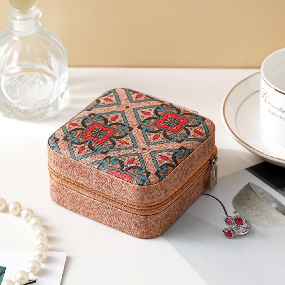 Printed Portable Necklaces Storage Box Portable Retro Rings Case Durable Travel Jewelry Box Travel