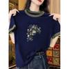 Trade Leak-Picking Patchwork Contrast Color Pure Cotton Short Sleeve T-shirt Women Summer Versatile Artistic Plus Size Round Neck Bottoming Shirt Top