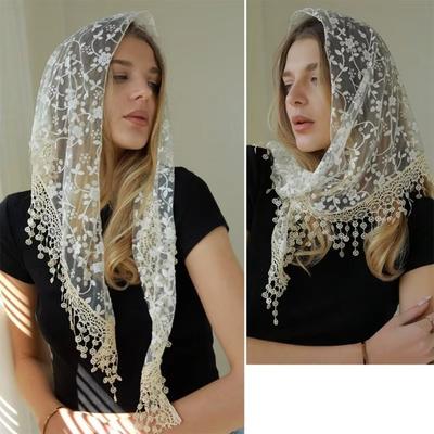 Atmungsaktive Blumen-Spitzen-Schals Bestickte Elegante Spitze Blume Spanische Spitze Mantilla Quaste Dünne Quasten Spitzen-Kopftuch