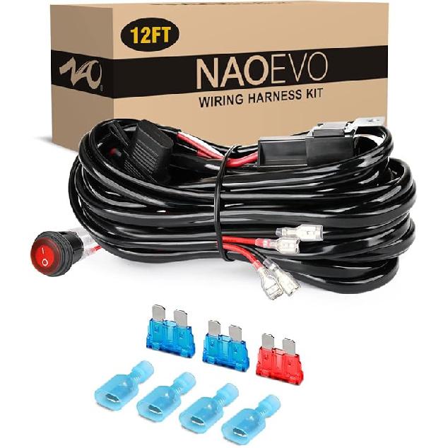 NAOEVO 16FT LED Light Bar Wiring Harness Kit 16AWG 2 Leads 12V On Off Waterproof Switch Power Relay Blade Fuse for Off Road Lights LED Work Light 12ft
