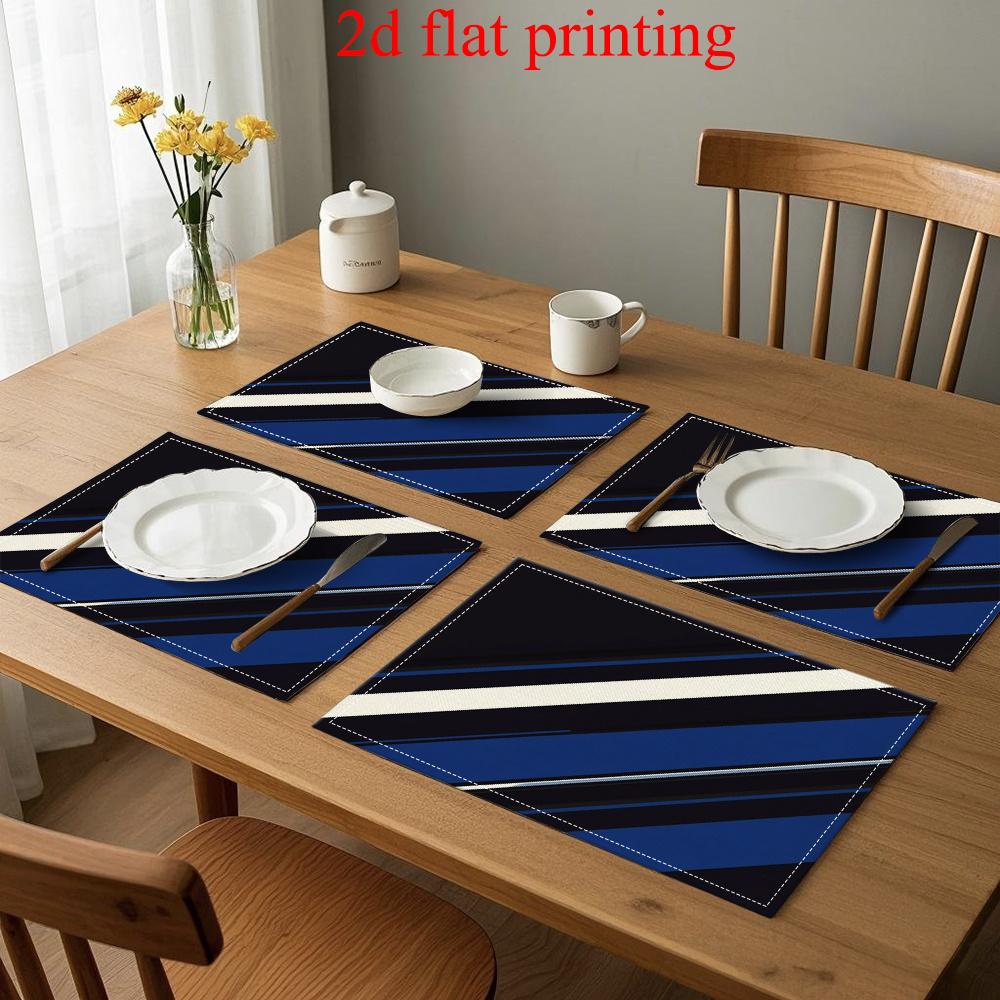 4pcs 2D FLAT Digital Print Placemats, Blue, White, and Black Diagonal Stripe Pattern Printed Placemats, to Make Your Dining Room More Beautiful,
