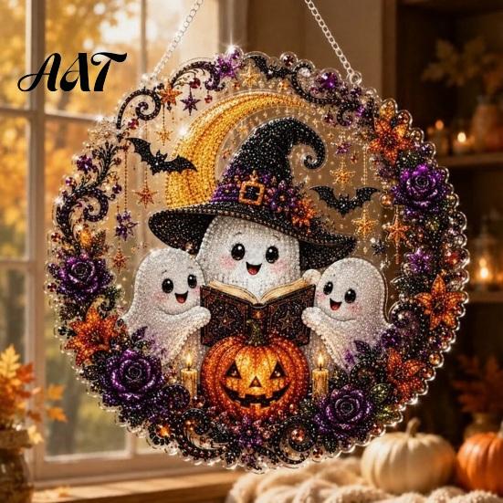 Fun Diamond Painting Activity Sets Halloween Ghost/Owl Art Hanging Ornament Kit, Seasonal Home Decor Suncatcher, DIY Pendant Window Decorative