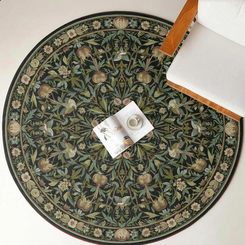Cottagecore Aesthetic Home Decor Bird Pomegranate Round Rug Vintage Botanical Floral Soft Non-Slip Carpet for Living Room
