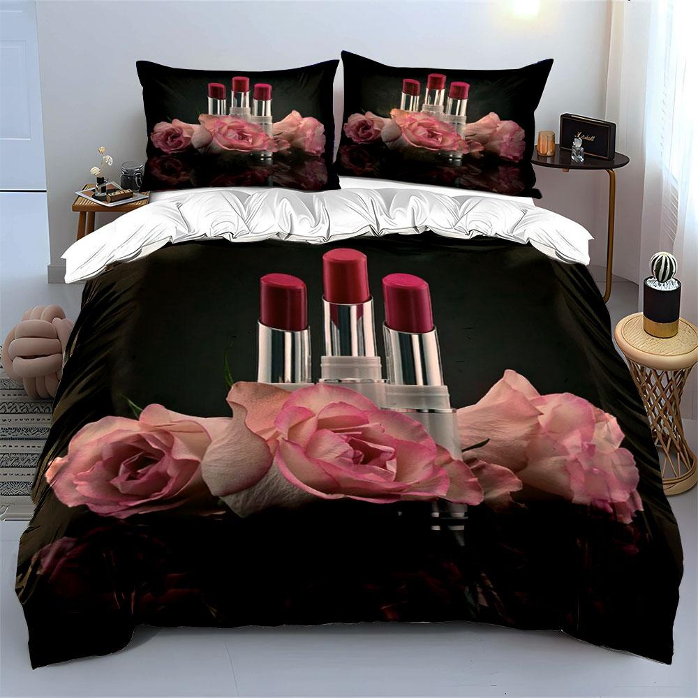 Pink roses with lipsticks. Bedding sets Duvet cover sets Duvet covers Pillowcases(1 * Duvet Cover 2 * Pillowcases without duvet insert)