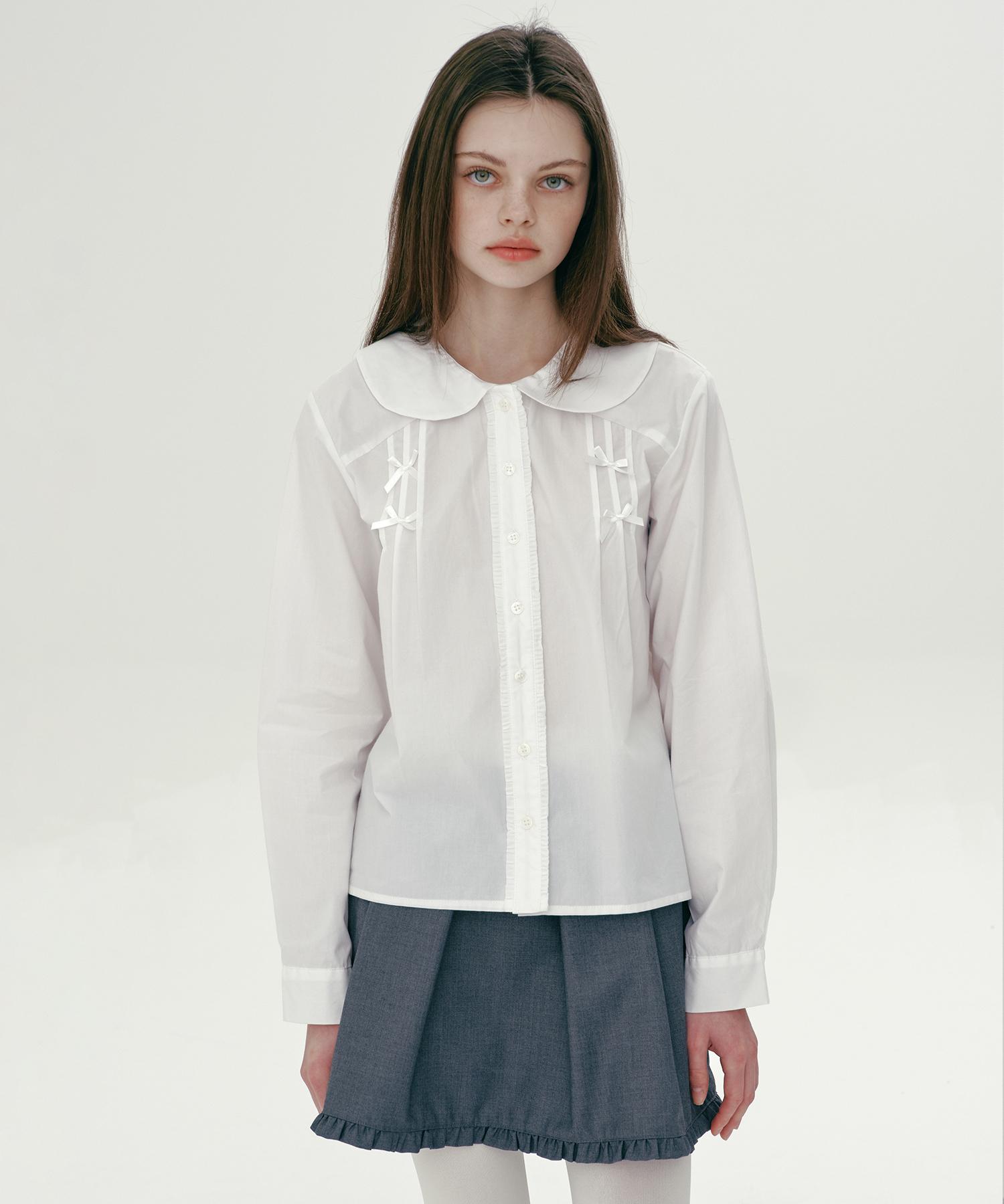 Margarine Fingers Ribbon Pintuck Blouse (White)