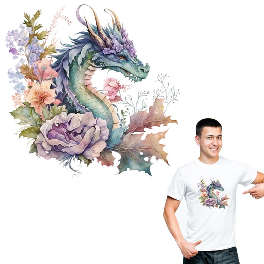 Mighty Horn Dragon Heat Transfer Sticker, DIY Realistic Dragon Scale Flowers Iron-On Decals For Clothes, T-Shirt, Clothing Supplies & Appliques