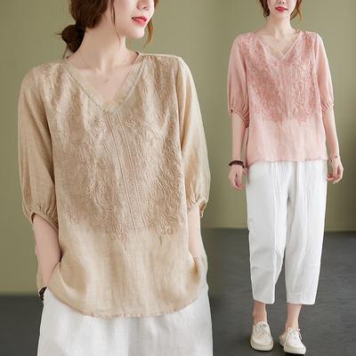 Summer Short Sleeved Women's Shirt Thin Cotton Linen Top Loose Fitting V-neck Shirt with Temperament Blouses & Shirts