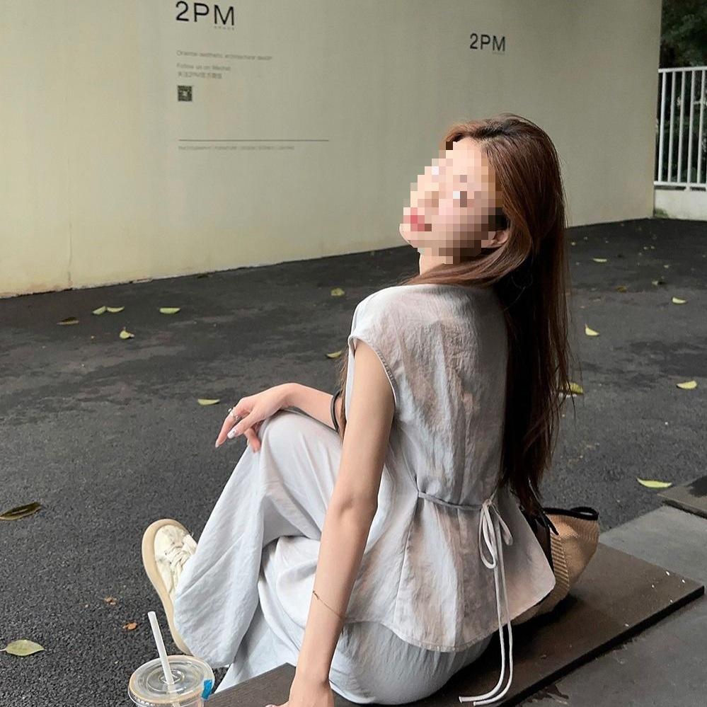 Summer Casual Waist-Cinching Two-Piece Set: Fashionable 2025 Shirt with Floor-Length Wide-Leg Pants