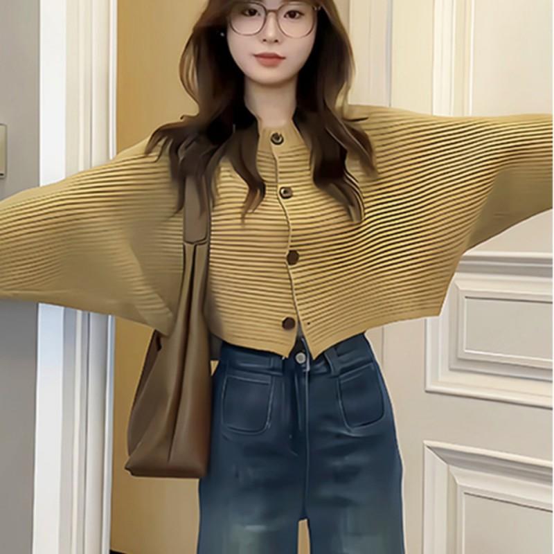 Short Knit Cardigan Women Loose Fit Round Neck Long Sleeve 80-140 Lbs