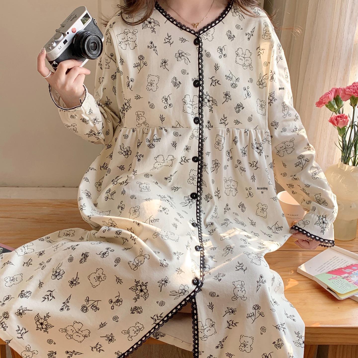 Maternity & Nursing Pajamas with Built-in Bra, Long Sleeve, Thin Cotton, for Labor, Postpartum, Spring & Autumn, Ideal for Pregnant & Nursing Women L