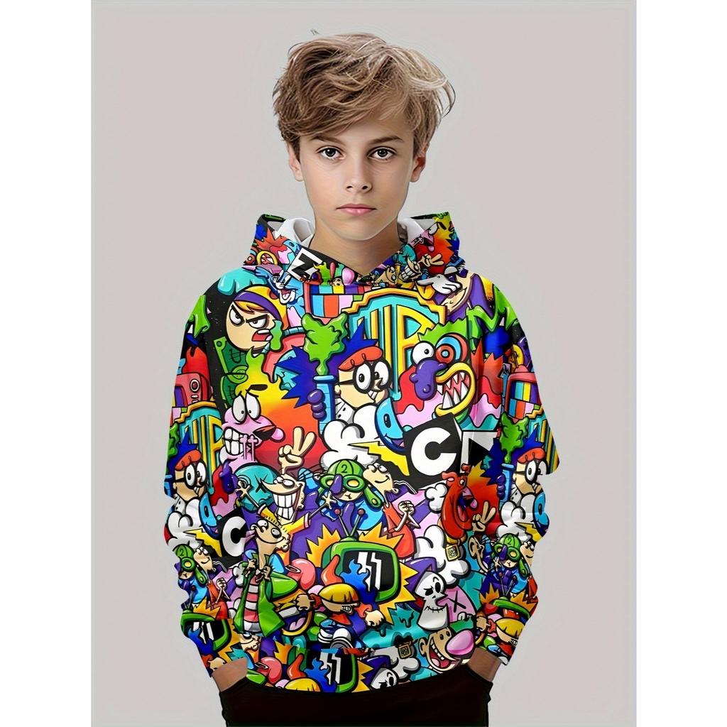 Boys' Fashionable 3D Printed Casual Pullover, Spring and Autumn Long Sleeved Sportswear, Boys' Outdoor Hoodie Top
