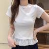 Summer Lace Hem Round Neck Short Sleeved T-shirt White Blouse Women Elegant Fashion Slim Fit Casual Tops Simple Office Sweet Tshirts