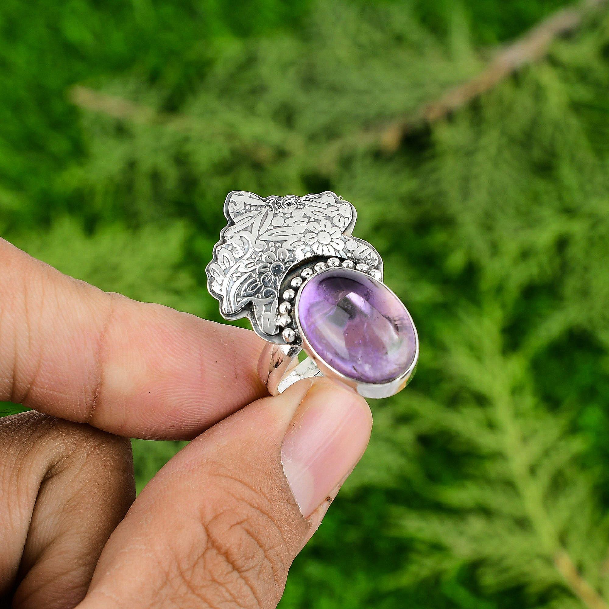 

Mothers day Sale February Birth African Amethyst Gemstone Ring Sterling Silver Adjustable