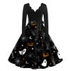 Women Casual V Neck Long Sleeve Dress Halloween Printed Skirt Vintage Style Midi Dress with Belt Fit and Flare Design