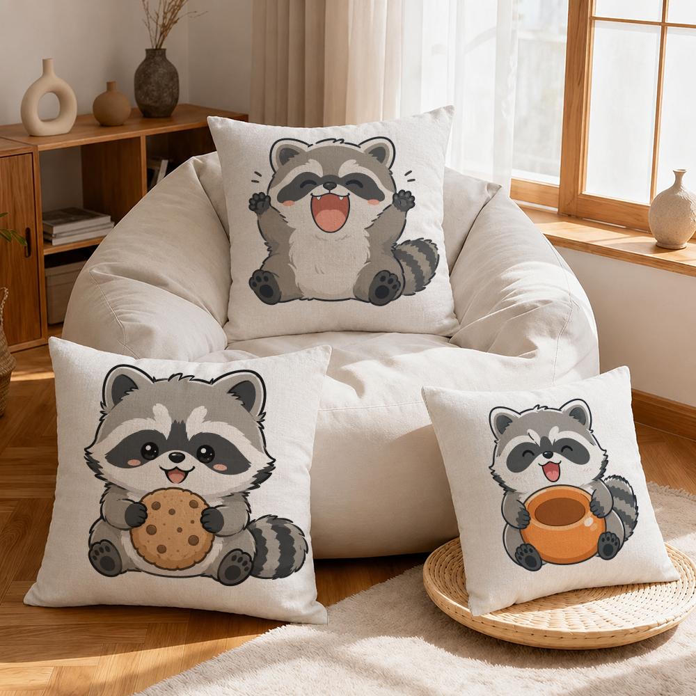 Character Cute Little Raccoon Cushion Cover Linen AntiMite Antibacterial Cushion Cover Invisible Zipper Sofa Decor