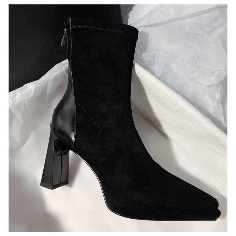 Mode Hochhackige Wasserdichte Plateau Einfarbig Skinny Stiefel, Klobig-absatz Spitzschuh Damenstiefel, Kurze Stiefel mit Reißverschluss hinten