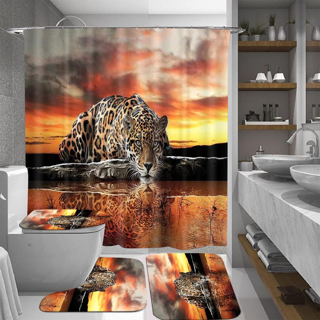 Moon Leopard Cheetah Shower Curtain Sets Bathroom Decor Set Animals Bathroom Shower Curtain And Bathroom Accessories Waterproof