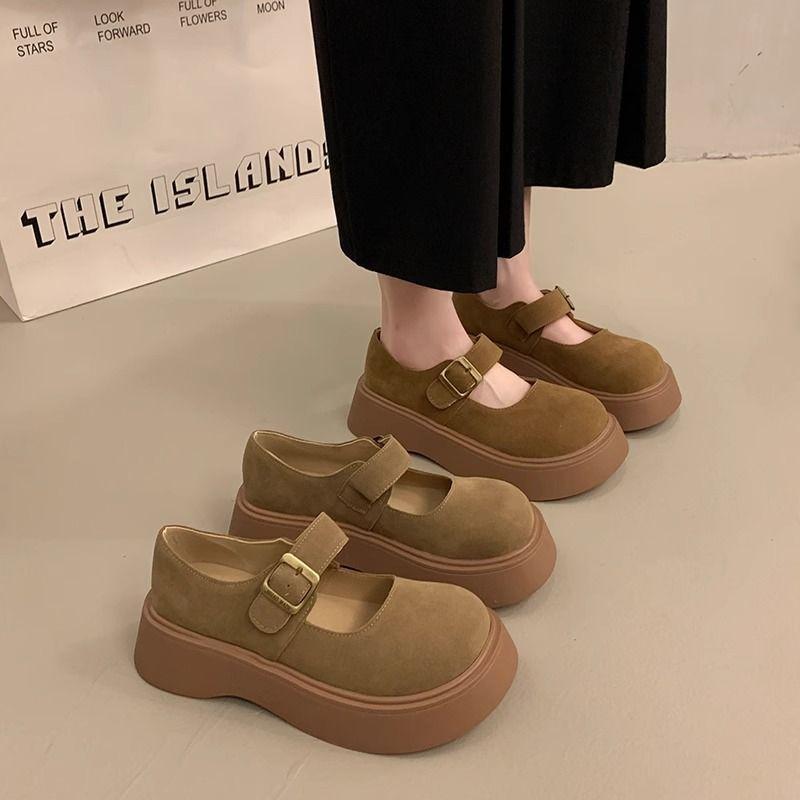 2025 spring new women's single shoes women's shoes middle heel dopamine round head shoes muffin bottom popular small leather shoes