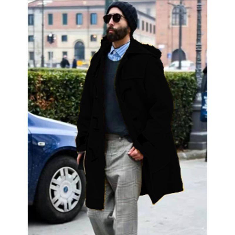Cappotto di Lana da Uomo con Bottoni a Corno, Giacca Spessa con Cappuccio, Trench di Lana
