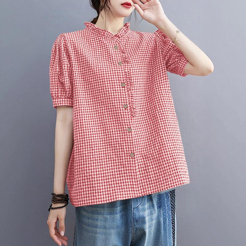 ZANZEA Women Casual Round Neck Grid Print Summer Short Sleeve Blouse