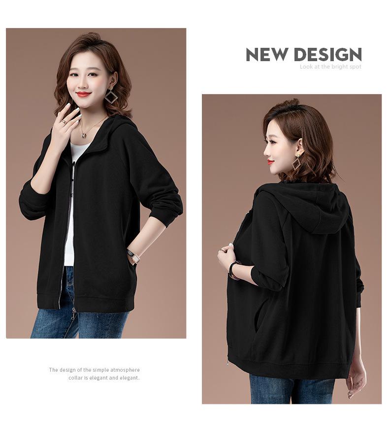 Women's Plus Size Hooded Sweatshirt - Spring/Autumn Medium-Aged Mother Loose Zipper Top with Velvet Lining