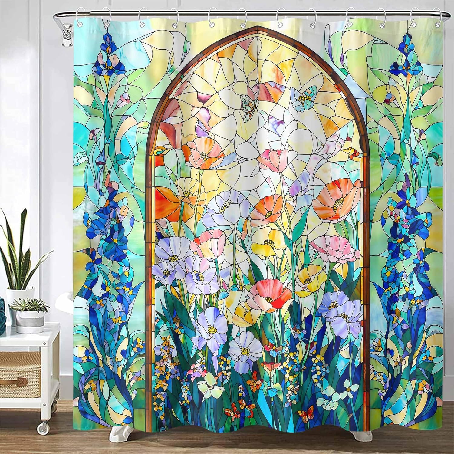 

Stained Glass Floral Shower Curtain – Vibrant Blue & Yellow Garden Art, Modern Nature-Inspired Bathroom Decor W60H190(CM)-1 Pcs