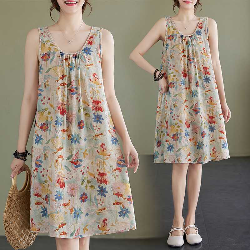 Real Shot Large Size Women's Clothing Summer Loose Suspender A-word Skirt Sleeveless Crew Neck Printed Dress
