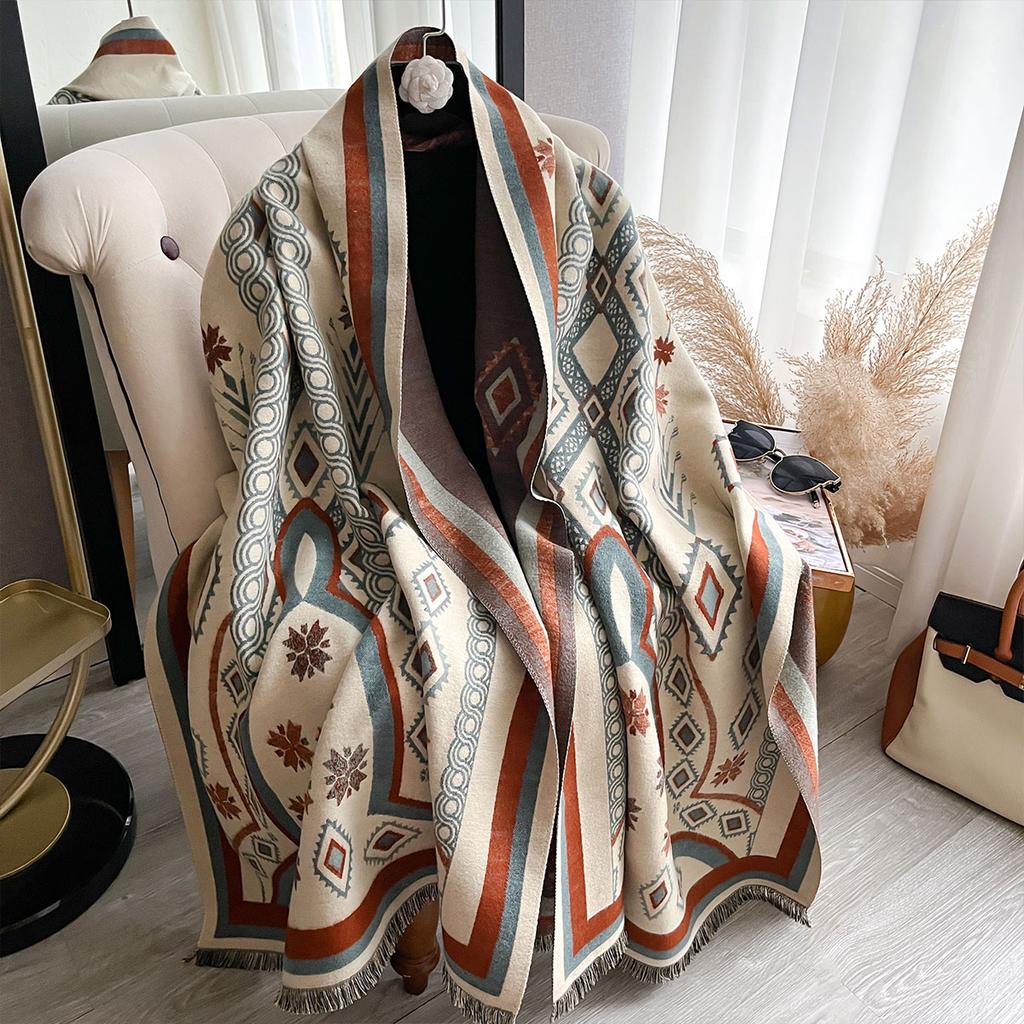 Winter Luxury Ladies' Imitation Cashmere Geometric Pattern Thicken Warm Scarf Shawl Pashmina Wrap Blanket