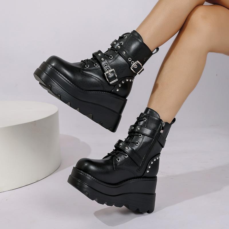 Fashion 2025 New Women's Pu Leather Ankle Boots Women Autumn Winter Round Toe Lace Up Shoes Woman Motorcycle Platform Botas Gothic Shoes