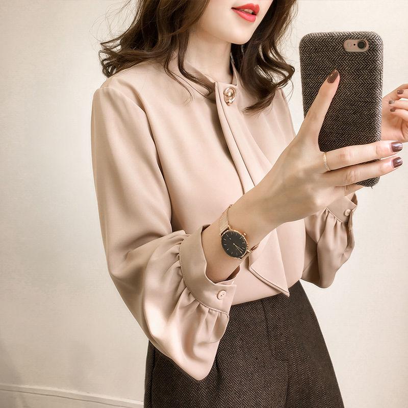 Women's Plus Size Autumn Lantern Sleeve Chiffon Shirt - Solid Color, Loose Fit, Long Sleeve, Korean Style